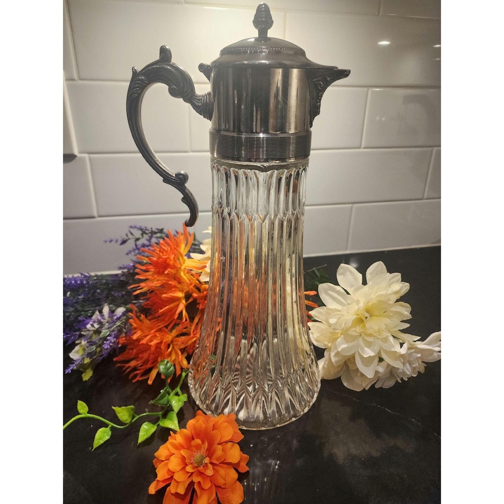 Vintage Crystal Claret Jug Heavy Pressed Glass Silverplate Decanter Victorian
